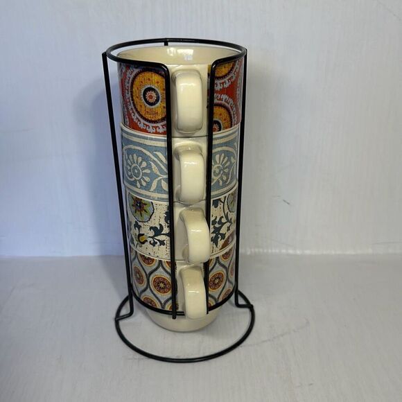 Lot of 4 Pier 1 Imports Ceramic Stackable Mugs Hand Painted Cup w/ Metal Holder - Picture 4 of 6